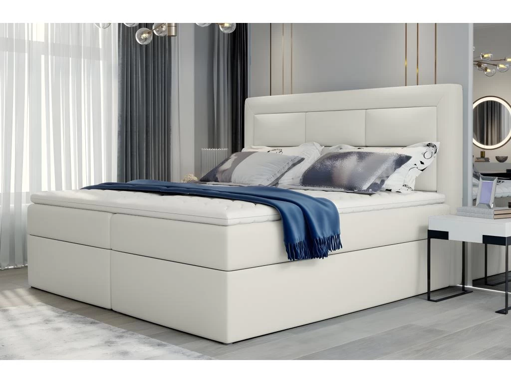 Ensemble Boxspring Complet TĂȘte De Lit + Sommiers + Matelas + Surmatelas VISTA De VENESETTI - Simili Cuir Ivoire - 160 X 200 Cm