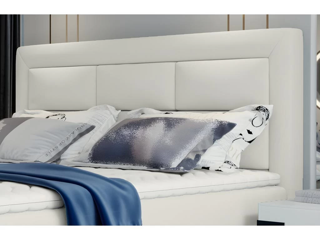 Ensemble Boxspring Complet TĂȘte De Lit + Sommiers + Matelas + Surmatelas VISTA De VENESETTI - Simili Cuir Ivoire - 160 X 200 Cm â Image 2