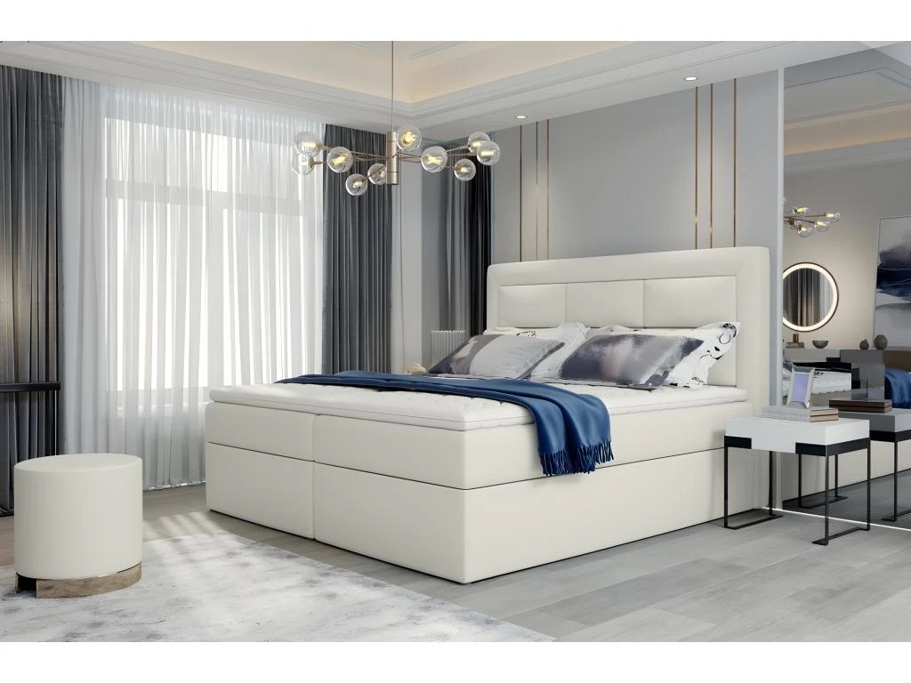 Ensemble Boxspring Complet TĂȘte De Lit + Sommiers + Matelas + Surmatelas VISTA De VENESETTI - Simili Cuir Ivoire - 160 X 200 Cm â Image 3