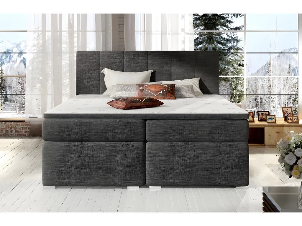 Ensemble Boxspring Complet Tête De Lit + Sommiers + Matelas + Surmatelas BORIS De VENESETTI - Tissu Luxe Gris Foncé - 140x200 Cm – Image 2