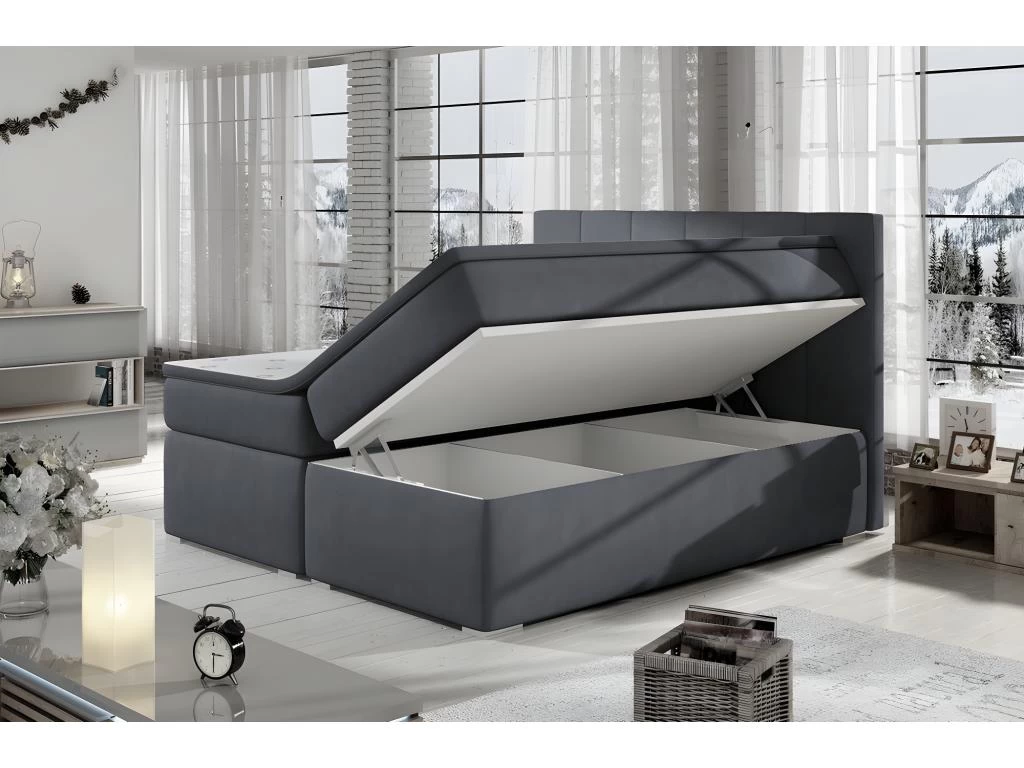Ensemble Boxspring Complet Tête De Lit + Sommiers + Matelas + Surmatelas BORIS De VENESETTI - Tissu Luxe Gris Foncé - 140x200 Cm – Image 3
