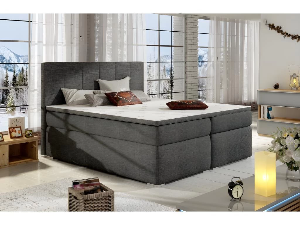 Ensemble Boxspring Complet Tête De Lit + Sommiers + Matelas + Surmatelas BORIS De VENESETTI - Tissu Luxe Gris Foncé - 140x200 Cm – Image 4
