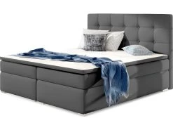 Ensemble Boxspring Complet Tête De Lit + Sommiers + Matelas + Surmatelas INAYA De VENESETTI - Simili Cuir Gris - 160x200 Cm
