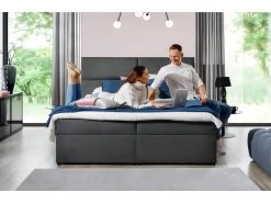 Ensemble Boxspring Complet Tête De Lit + Sommiers + Matelas + Surmatelas AMARIS De VENESETTI - Tissu Luxe Gris Foncé - 140x200 Cm