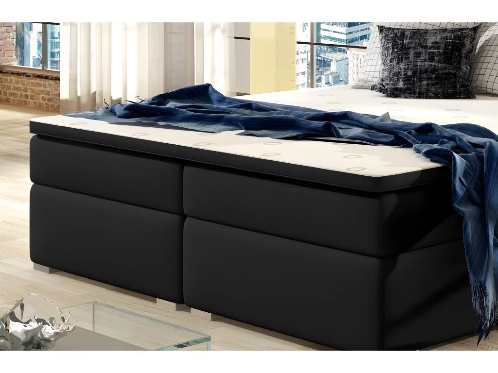 Ensemble Boxspring Complet TĂȘte De Lit + Sommiers + Matelas + Surmatelas INAYA De VENESETTI - Simili Cuir Noir - 140x200 Cm â Image 4
