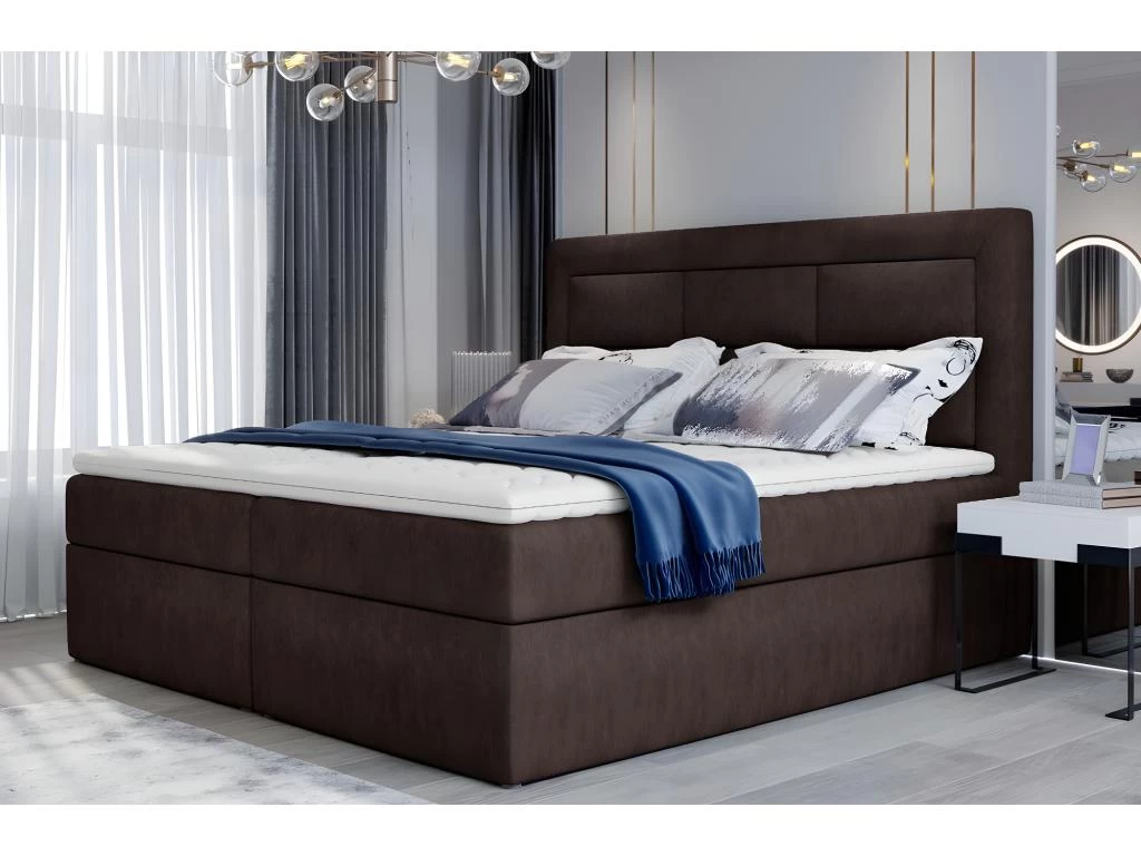 Ensemble Boxspring Complet TĂȘte De Lit + Sommiers + Matelas + Surmatelas VISTA De VENESETTI - Tissu Luxe Chocolat - 160 X 200 Cm