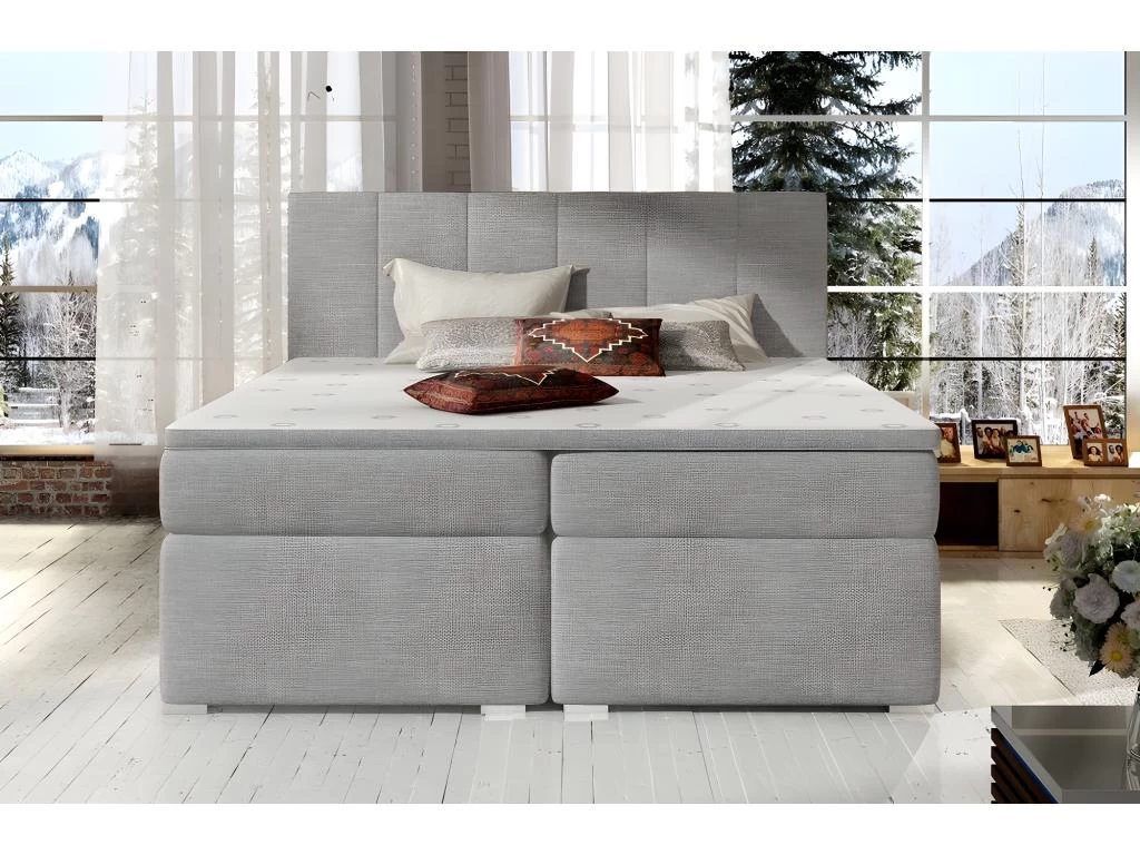 Ensemble Boxspring Complet TĂȘte De Lit + Sommiers + Matelas + Surmatelas BORIS De VENESETTI - Tissu Luxe Gris Clair - 180x200 Cm