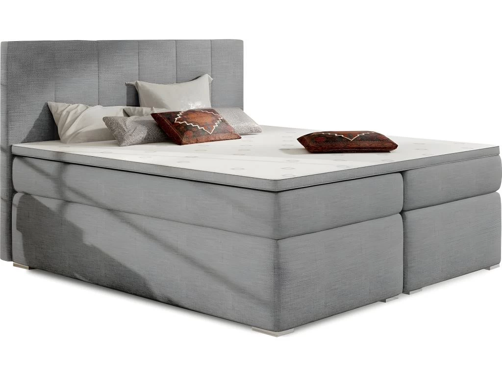 Ensemble Boxspring Complet TĂȘte De Lit + Sommiers + Matelas + Surmatelas BORIS De VENESETTI - Tissu Luxe Gris Clair - 180x200 Cm â Image 2