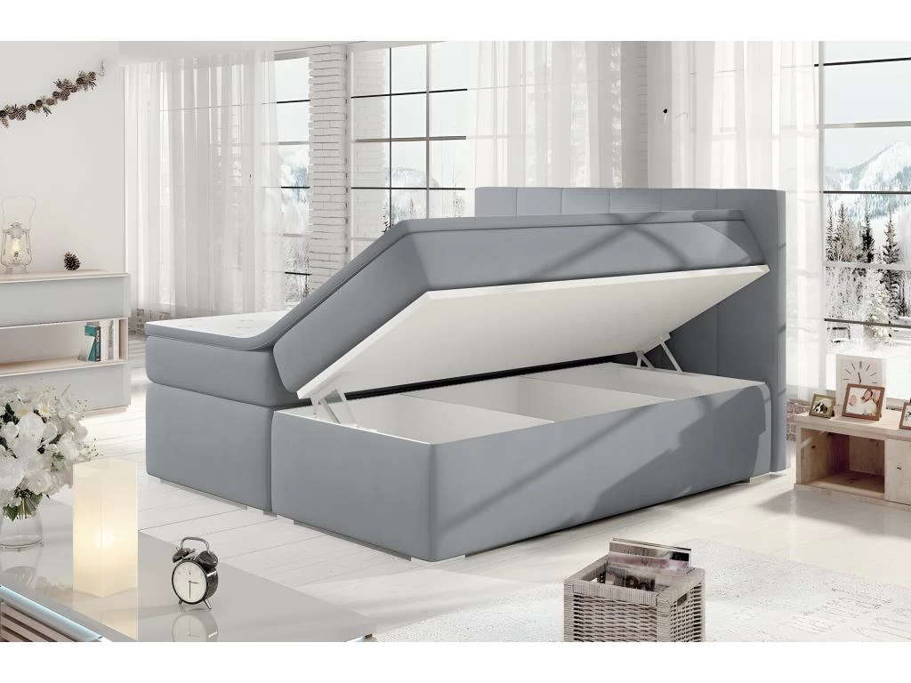 Ensemble Boxspring Complet TĂȘte De Lit + Sommiers + Matelas + Surmatelas BORIS De VENESETTI - Tissu Luxe Gris Clair - 180x200 Cm â Image 4