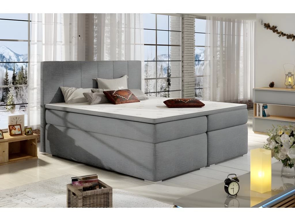 Ensemble Boxspring Complet TĂȘte De Lit + Sommiers + Matelas + Surmatelas BORIS De VENESETTI - Tissu Luxe Gris Clair - 180x200 Cm â Image 5