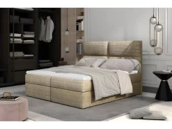 Ensemble Boxspring Complet Tête De Lit + Sommiers + Matelas + Surmatelas AMARIS De VENESETTI - Tissu Luxe Beige - 160x200 Cm
