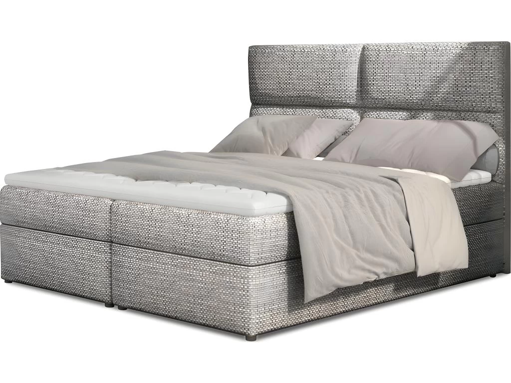 Ensemble Boxspring Complet TĂȘte De Lit + Sommiers + Matelas + Surmatelas AMARIS De VENESETTI - Tissu Luxe Gris - 140x200 Cm