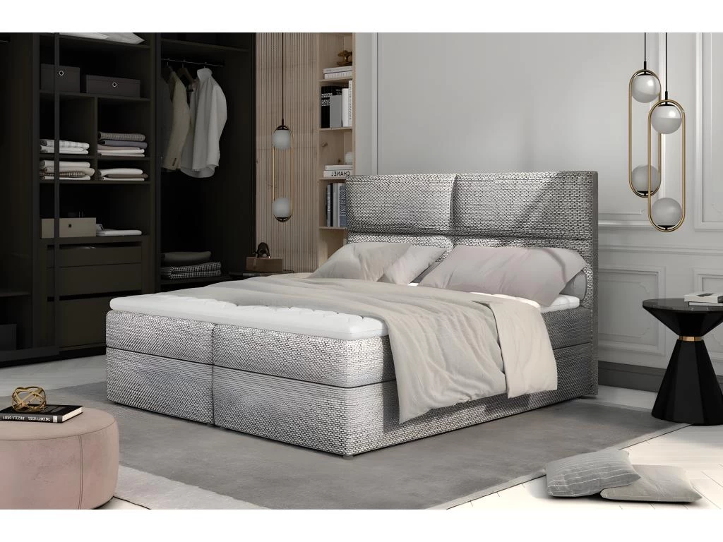 Ensemble Boxspring Complet TĂȘte De Lit + Sommiers + Matelas + Surmatelas AMARIS De VENESETTI - Tissu Luxe Gris - 140x200 Cm â Image 2