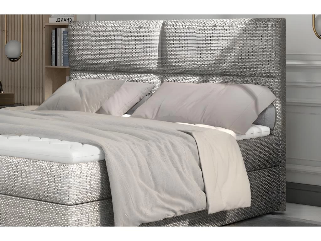 Ensemble Boxspring Complet TĂȘte De Lit + Sommiers + Matelas + Surmatelas AMARIS De VENESETTI - Tissu Luxe Gris - 140x200 Cm â Image 3
