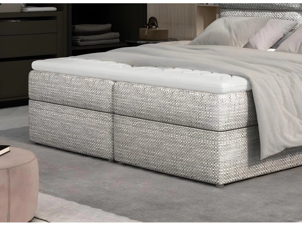 Ensemble Boxspring Complet TĂȘte De Lit + Sommiers + Matelas + Surmatelas AMARIS De VENESETTI - Tissu Luxe Gris - 140x200 Cm â Image 4