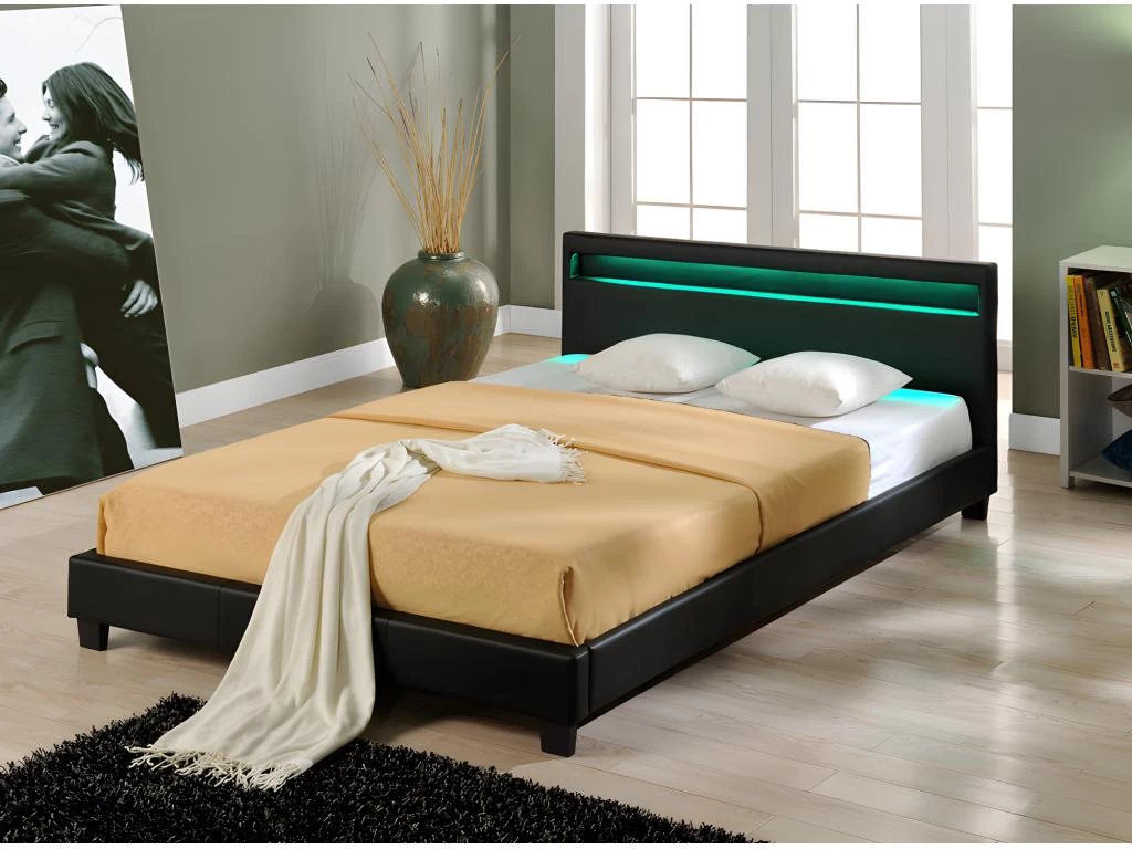 Lit Capitonné LED Paris 160 X 200 Cm Noir Corium
