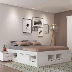 Lit Tiroirs En Bois Massif Blanc Laqué - LT12013
