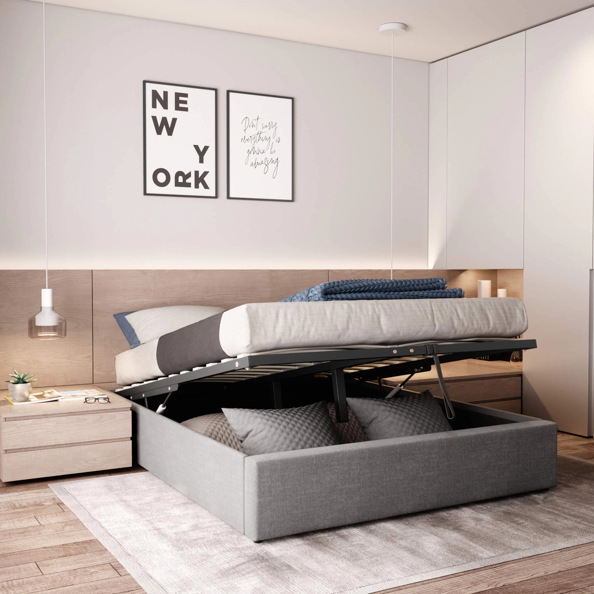 Lit Coffre En Bois Massif Gris Clair Avec Sommier Ă Lattes - LT17017 â Image 2