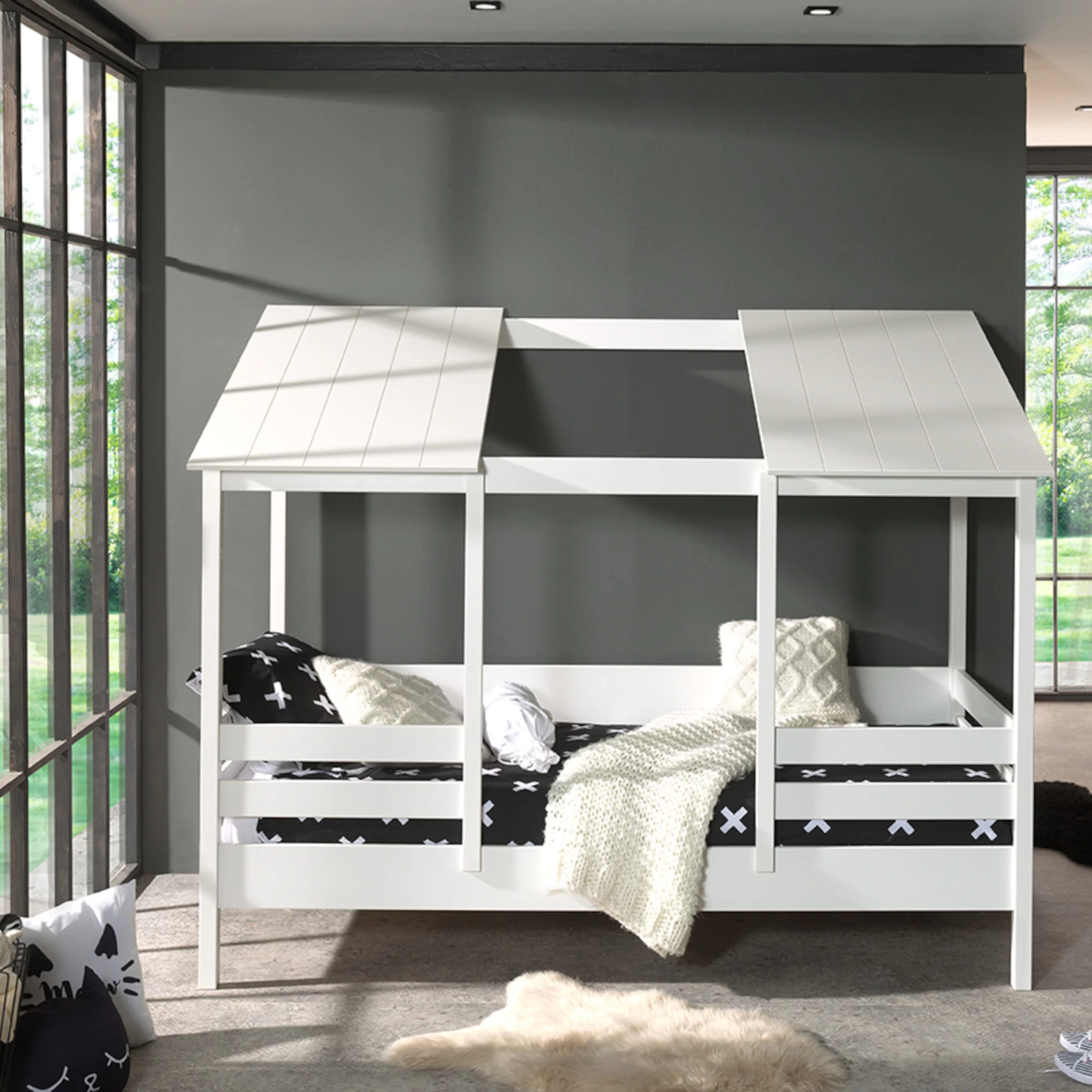 Lit Cabane Enfant Avec Toit En Bois Blanc 90x200 â Image 2