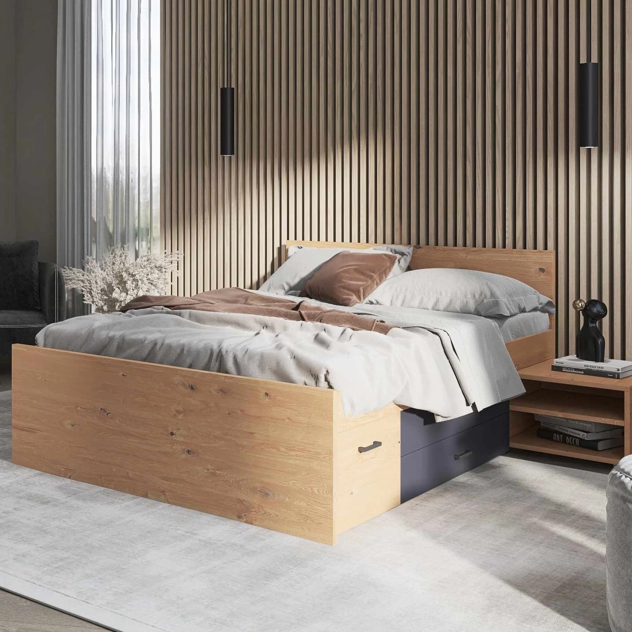 Lit Multi-rangements En Bois Imitation ChĂȘne Et Anthracite 140x200 - LT12124 â Image 2