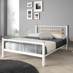 Lit En Métal Blanc Et Chêne - LT4005