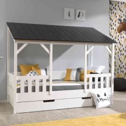 Lit Cabane Enfant Avec Toit En Bois 90x200 + Tiroir De Lit