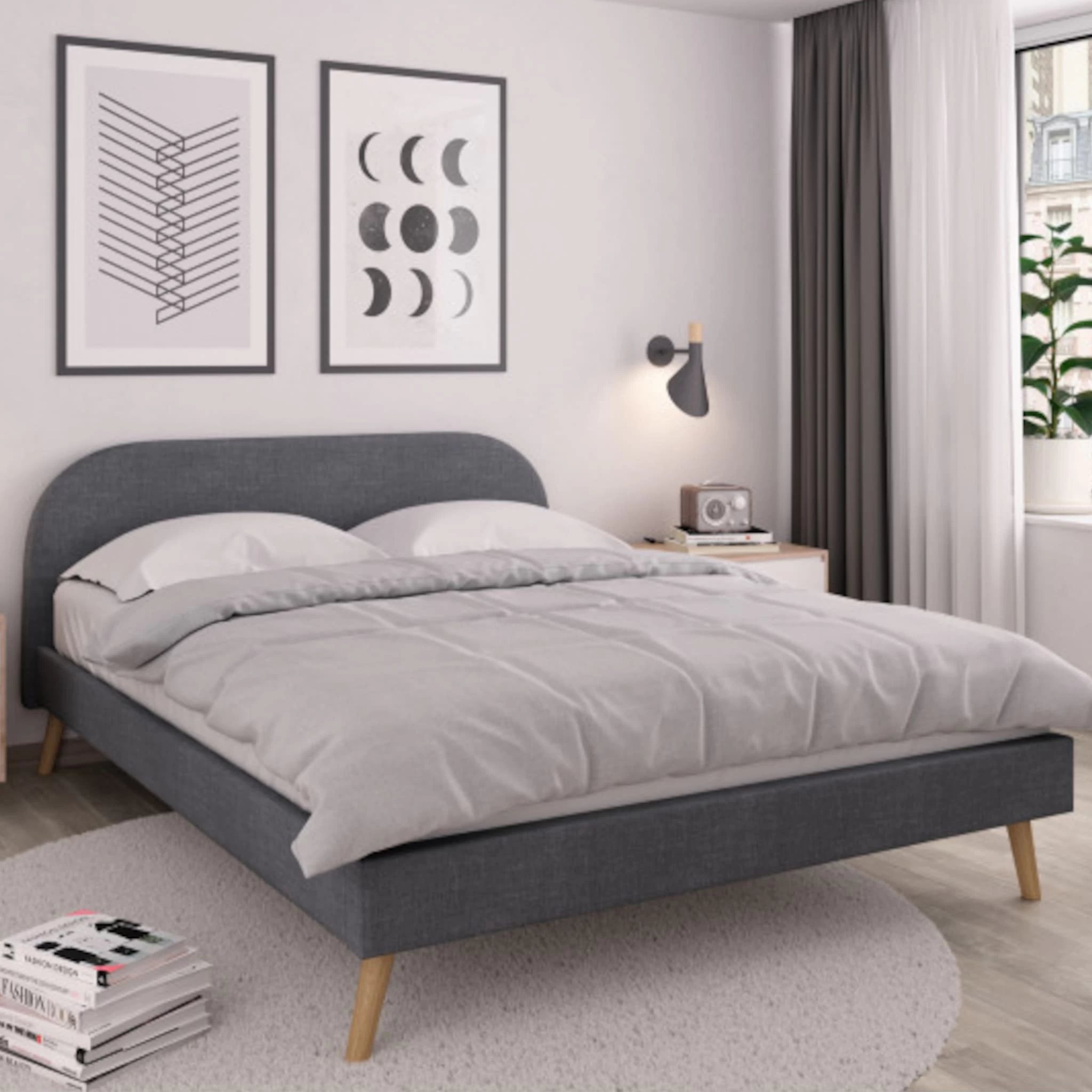 Lit Avec Sommier à Lattes Intégré Et Tête De Lit En Tissu Gris Foncé - LT17106 – Image 2