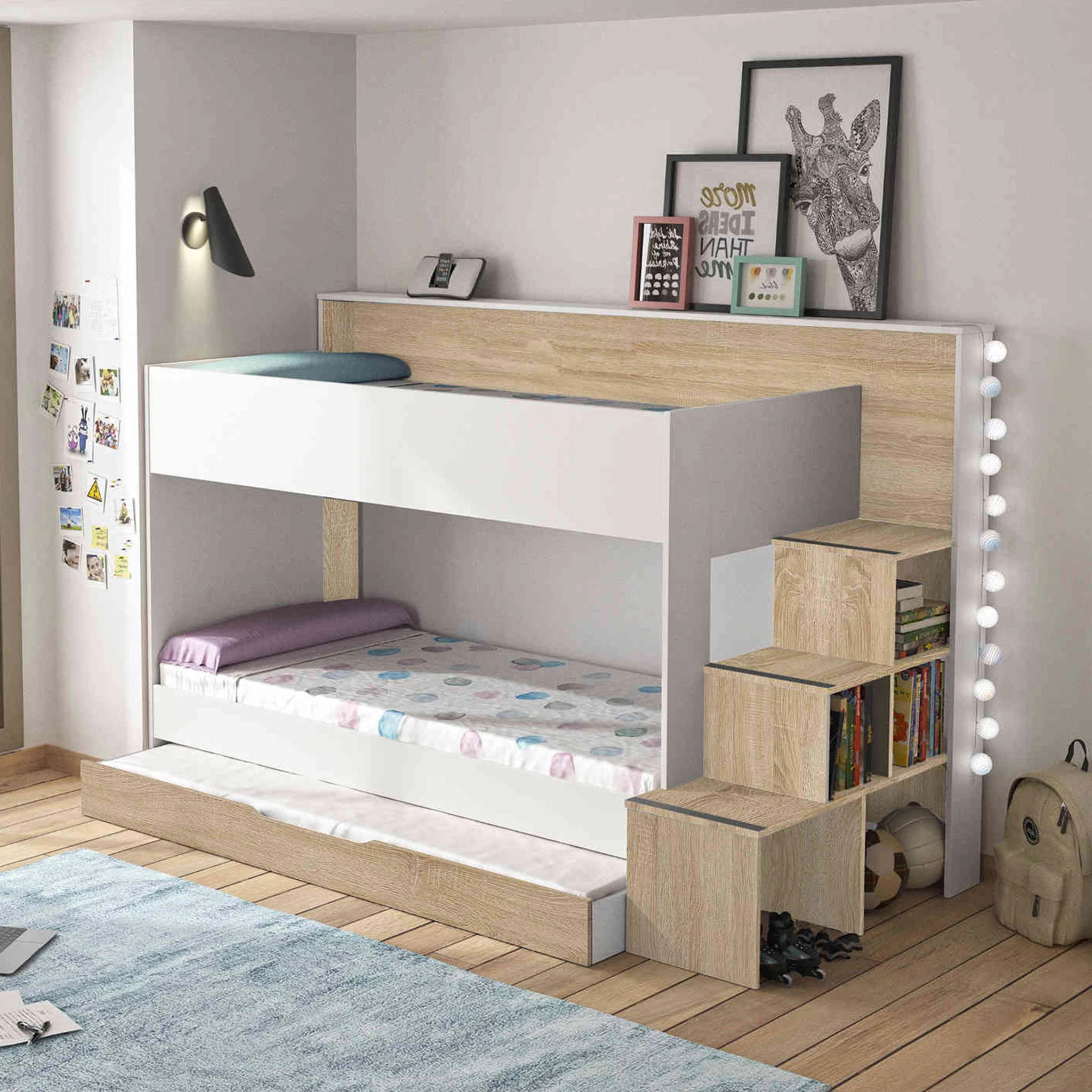 Lit Superposé 90x200 + Tiroir De Lit En Bois Imitation Chêne Clair Et Blanc - Terre De Nuit – Image 2