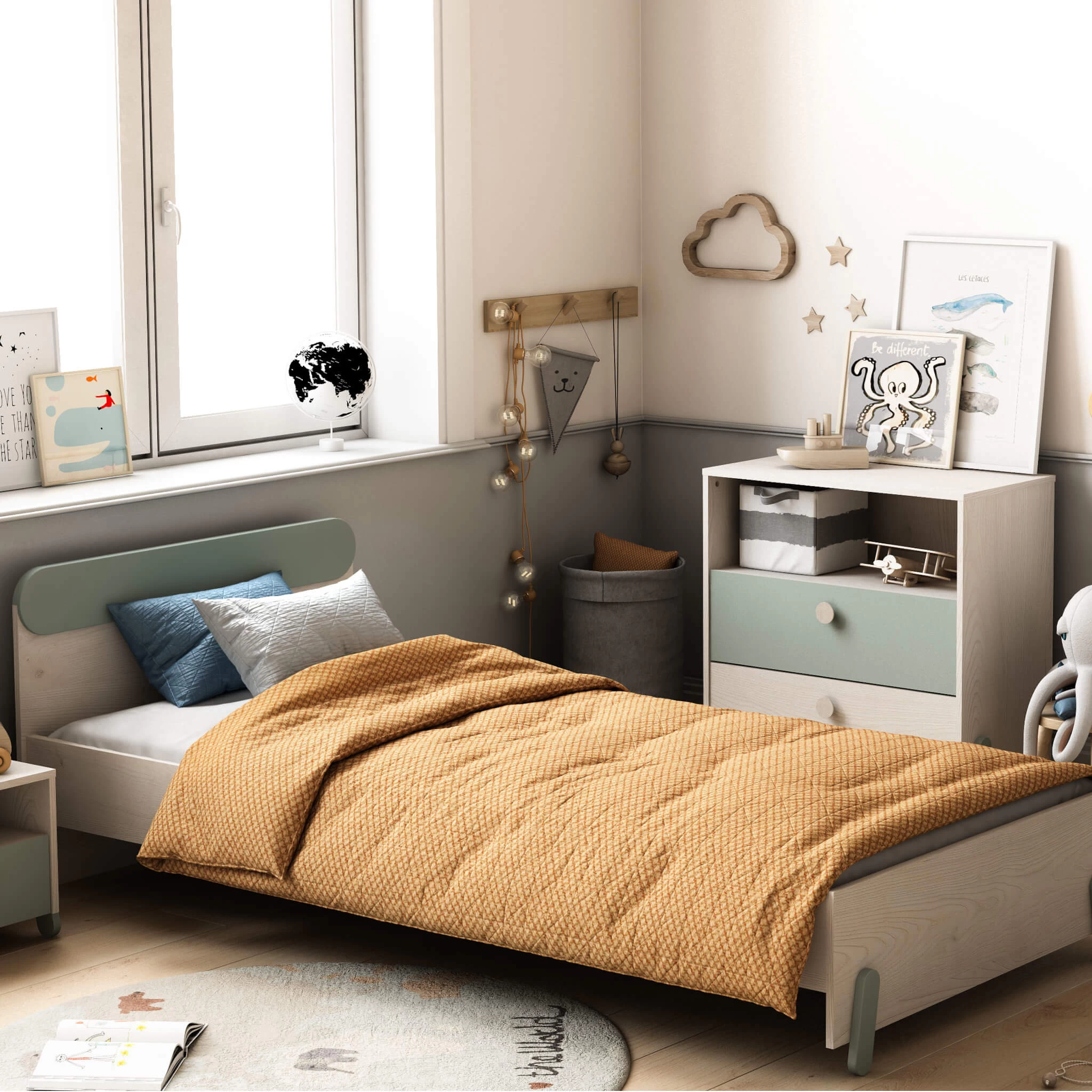 Lit Extensible Enfant En Bois Couleur ChĂȘne Topanga Et Vert De Gris 90x190/200 - LI217 â Image 2