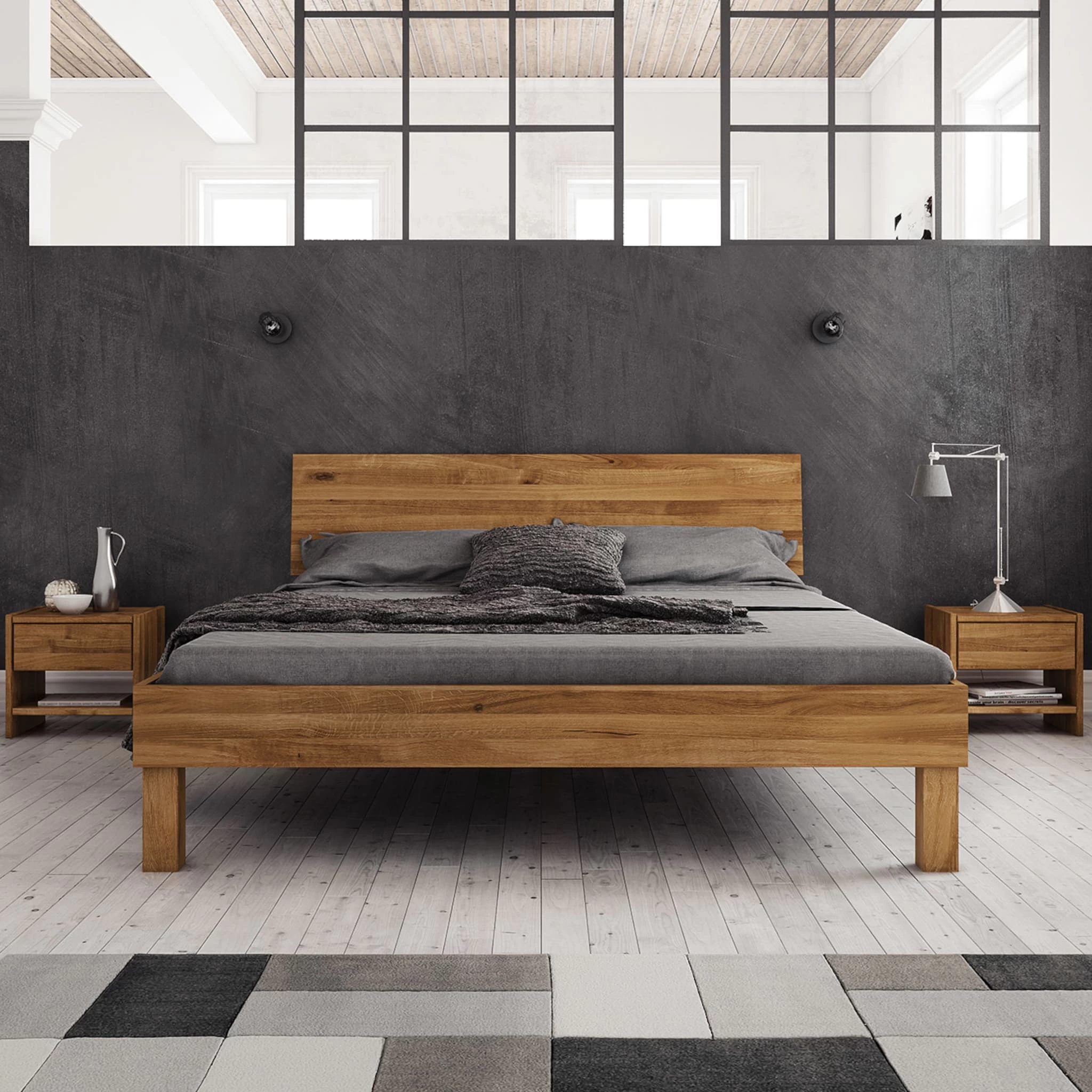 Lit Avec Pieds Carrés Et Tête De Lit En Chêne Massif Clair - LT36004 – Image 2