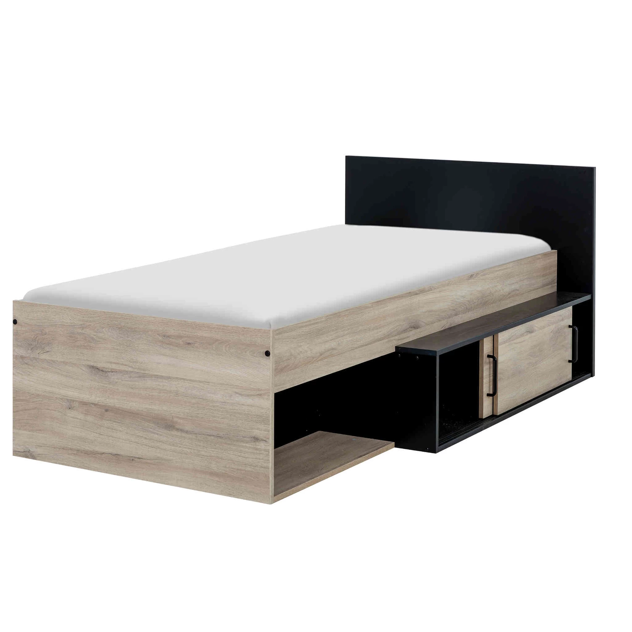 Lit Enfant Avec Rangements En Bois Imitation ChĂȘne Clair Et Noir 90x200 - LT5055 â Image 2