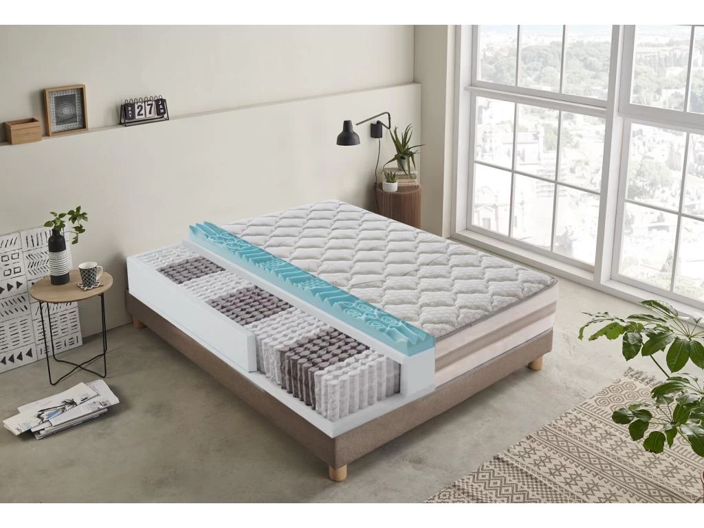 Matelas à Ressorts Ensachés Et à Mémoire De Forme - 9 Zones Différenciées - Déhoussable - Hauteur 25 Cm 140x190 Cm