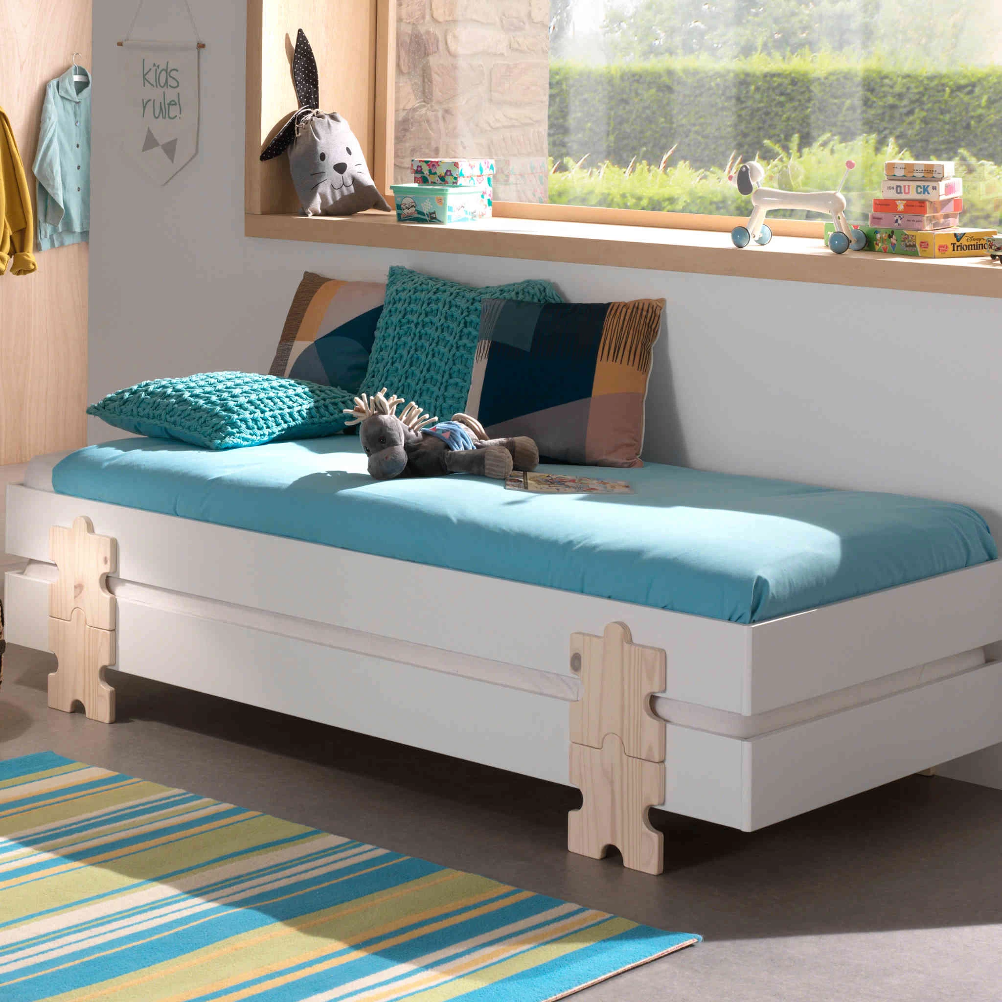 Pack 2 Lits Enfant En Bois Avec Pieds Puzzle 90x200 Cm - LT2058 – Image 2