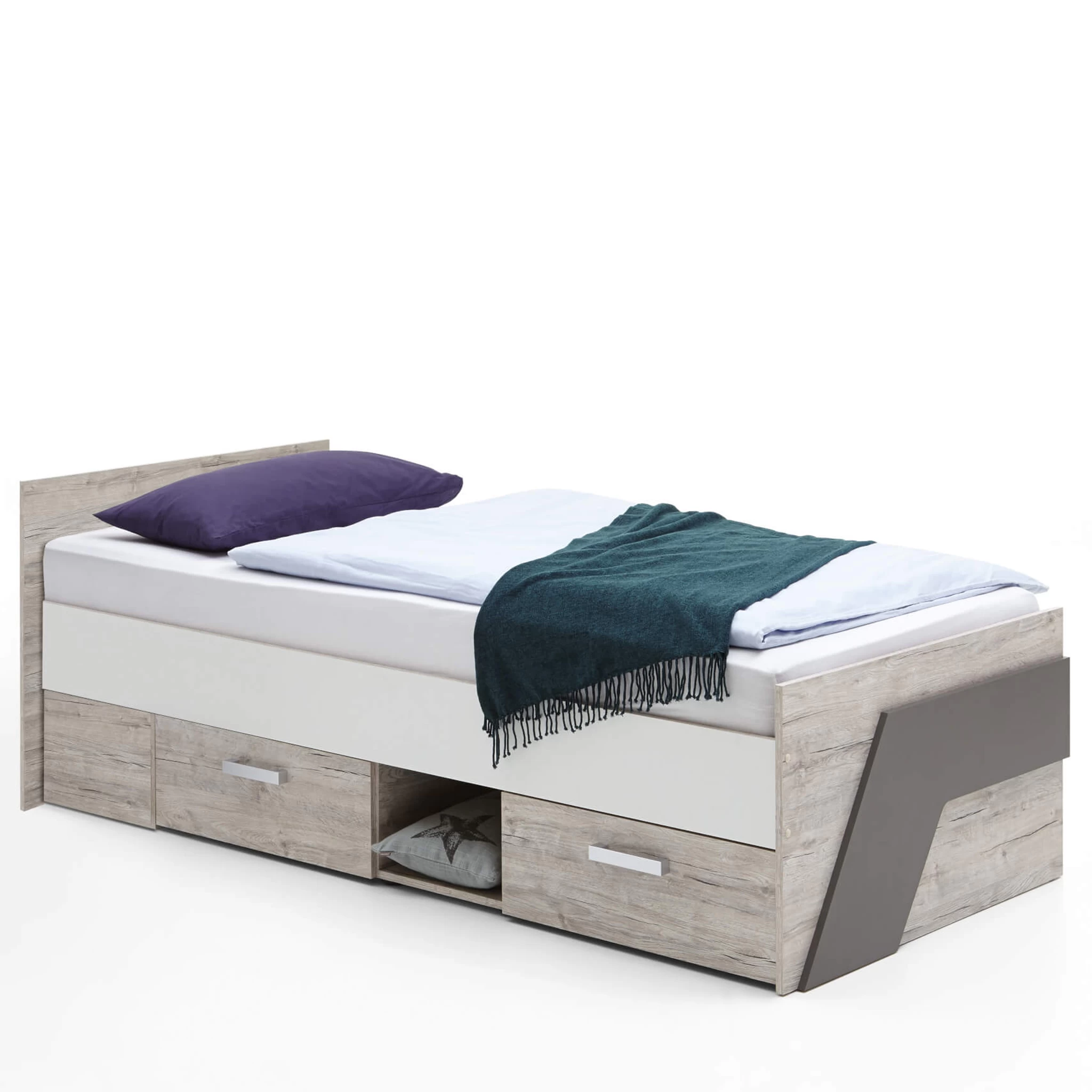 Lit Tiroirs Enfant 90x200 En Bois Imitation ChĂȘne Sable - LT13028