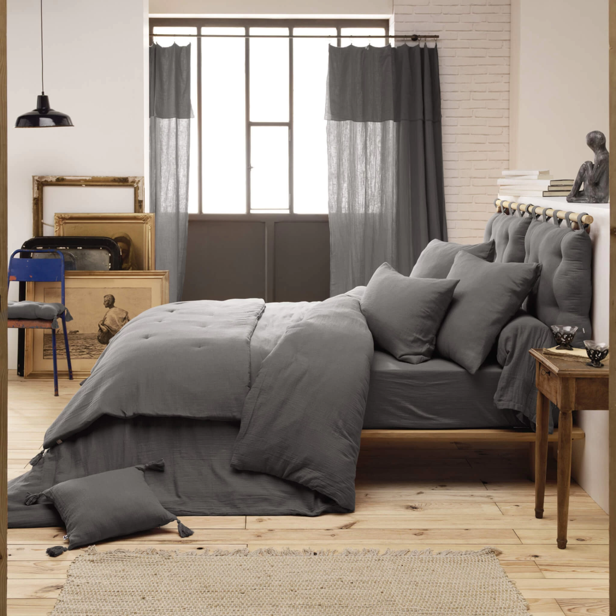 Parure De Lit Double Gaze De Coton Gris Anthracite – Image 2