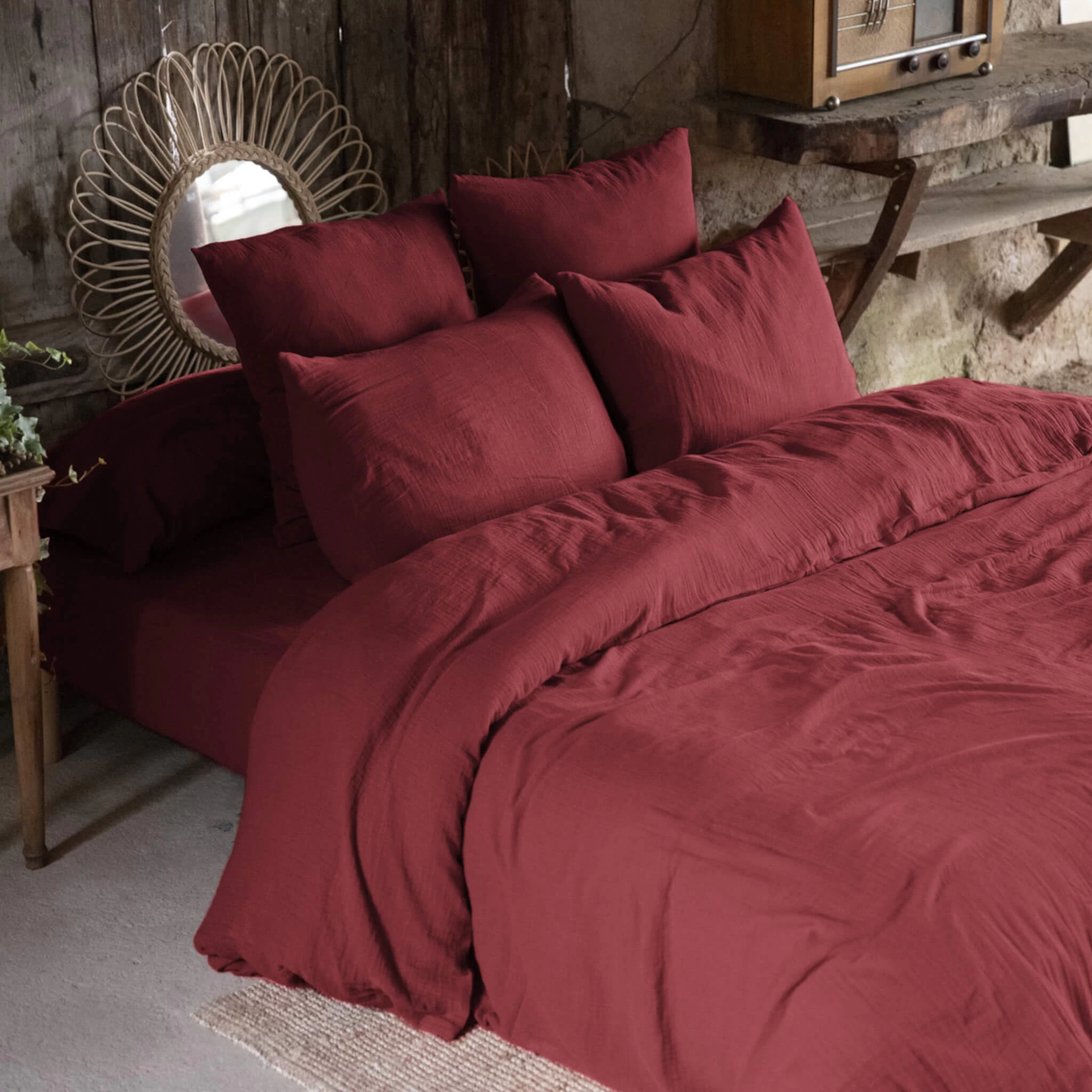 Parure De Lit Double Gaze De Coton Bordeaux