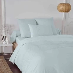 Parure De Lit Plis Religieuses Percale Bleu Gris