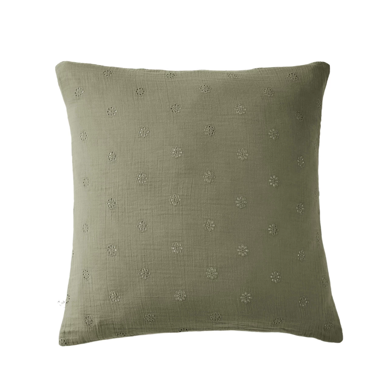 Taie D'oreiller Brodée Double Gaze De Coton Kaki