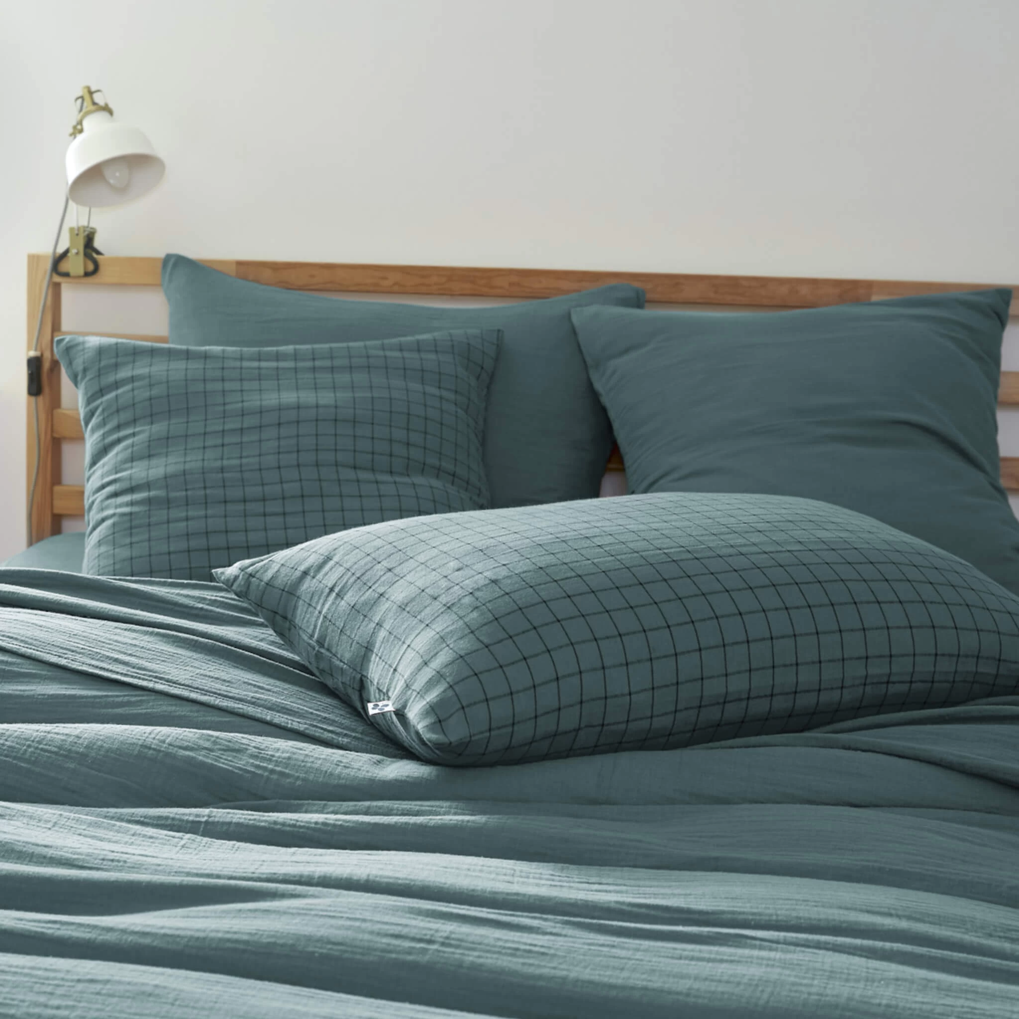 Taie D'oreiller Ă Carreaux Double Gaze De Coton Bleu Canard