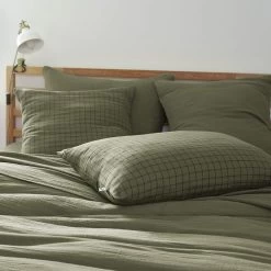 Taie D'oreiller à Carreaux Double Gaze De Coton Kaki